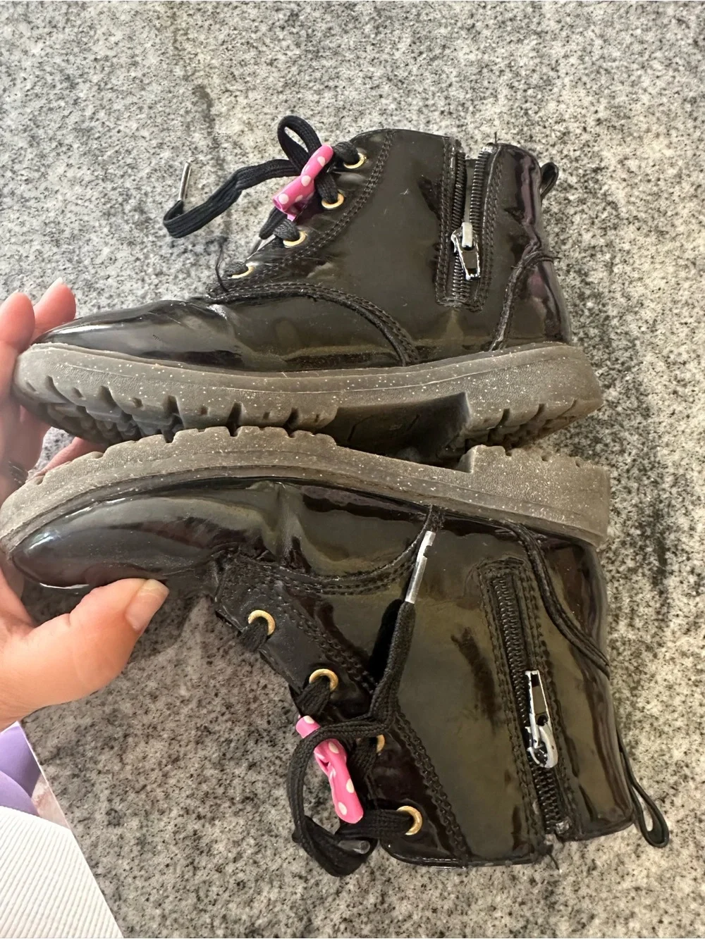 Girls' Black Minnie Mouse Patent Lace-Up Boots with Pink Accents